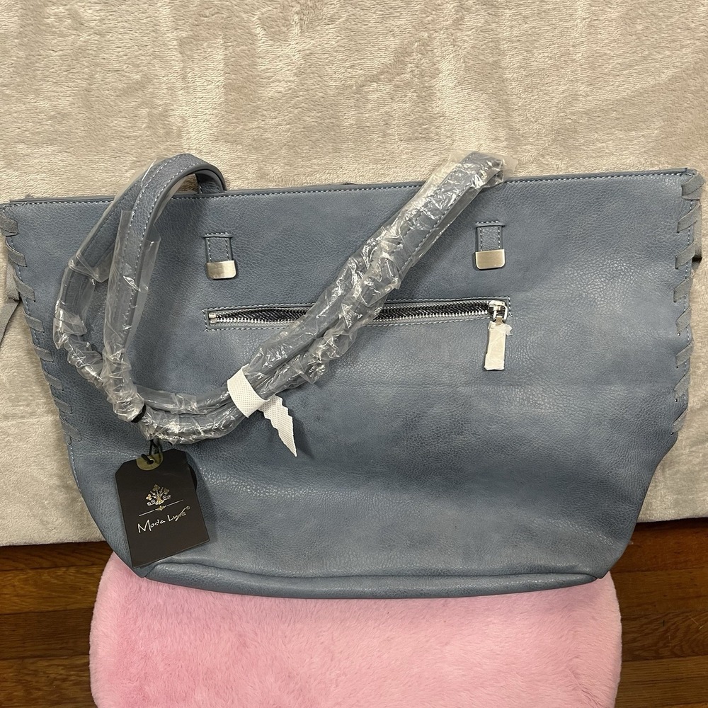 NEW Moda Luxe Lenora Whipstitch Detail Tote Blue